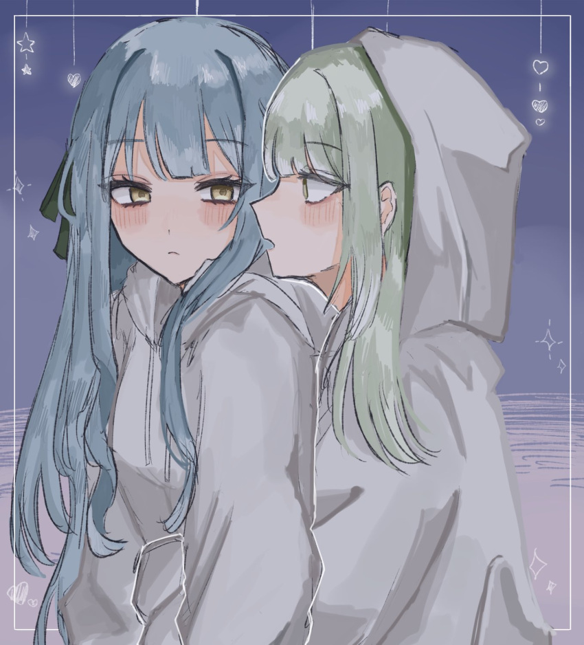 2girls, bang_dream!, bang_dream!_it's_mygo!!!!!, blue_hair, blush, closed_mouth, commentary, green_hair