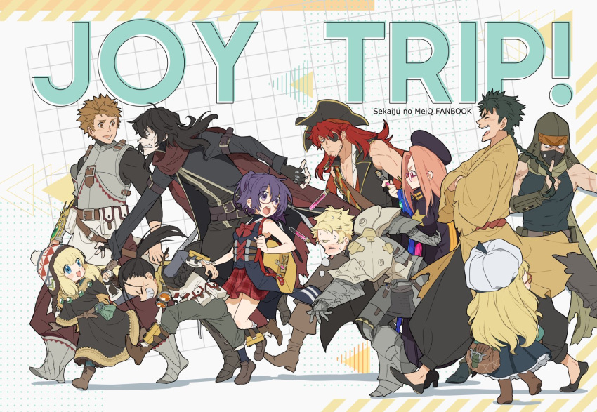 5girls, 6+boys, armor, beard, beret, black_hair, blonde_hair, brown_footwear