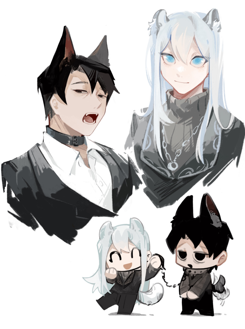 1boy, 1girl, absurdres, angelica_(project_moon), animal_ears, beeeeeebird, black_eyes, black_hair, black_jacket, black_sweater, blue_eyes, chibi, chibi_inset, closed_eyes, closed_mouth, collared_shirt, dog_ears, dog_tail, highres, husband_and_wife, jacket, jewelry, leopard_ears, leopard_tail, library_of_ruina, long_hair, necklace, open_mouth, project_moon, ribbed_sweater, ring, ring_necklace, roland_(project_moon), shirt, simple_background, smile, sweater, tail, turtleneck, turtleneck_sweater, very_long_hair, white_background, white_hair, white_shirt