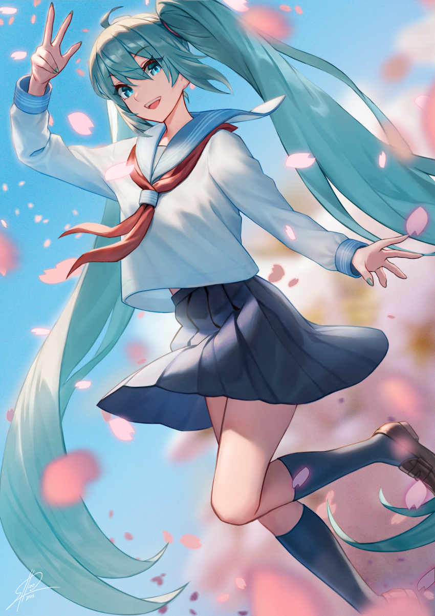 1girl, :d, ahoge, aqua_eyes, aqua_hair, aqua_nails, blue_skirt, blue_socks