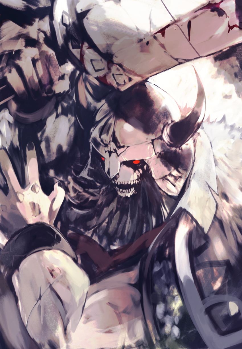 1boy, armor, beard, black_sclera, blood, blood_on_weapon, colored_sclera, ender_lilies_quietus_of_the_knights