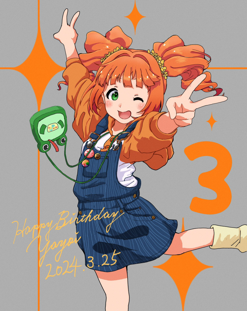 1girl, bag, blush, dated, double_v, green_eyes, handbag, happy_birthday, highres, hood, hoodie, idolmaster, idolmaster_(classic), long_hair, looking_at_viewer, one_eye_closed, open_mouth, orange_hair, overall_skirt, ryubii_(pokespruby), smile, solo, standing, standing_on_one_leg, takatsuki_yayoi, twintails, v