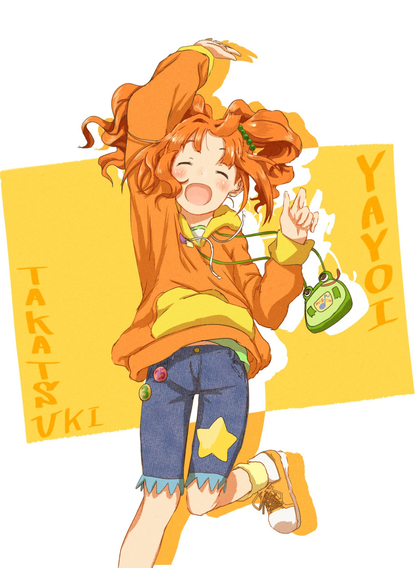 1girl, arm_up, bag, blush, closed_eyes, facing_viewer, handbag, happy, highres, hood, hoodie, idolmaster, idolmaster_(classic), long_hair, open_mouth, orange_hair, ryubii_(pokespruby), shorts, smile, solo, standing, standing_on_one_leg, takatsuki_yayoi, twintails