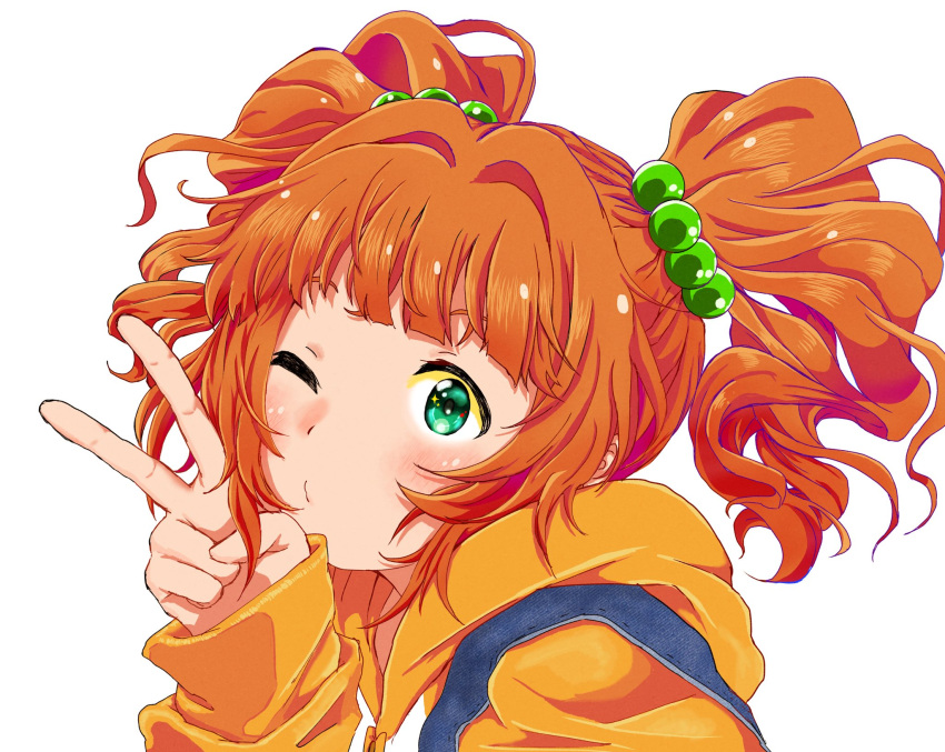 1girl, close-up, green_eyes, highres, hood, hoodie, idolmaster, idolmaster_(classic), long_hair, looking_at_viewer, one_eye_closed, orange_hair, orange_hoodie, puckered_lips, ryubii_(pokespruby), simple_background, solo, takatsuki_yayoi, twintails, v, white_background
