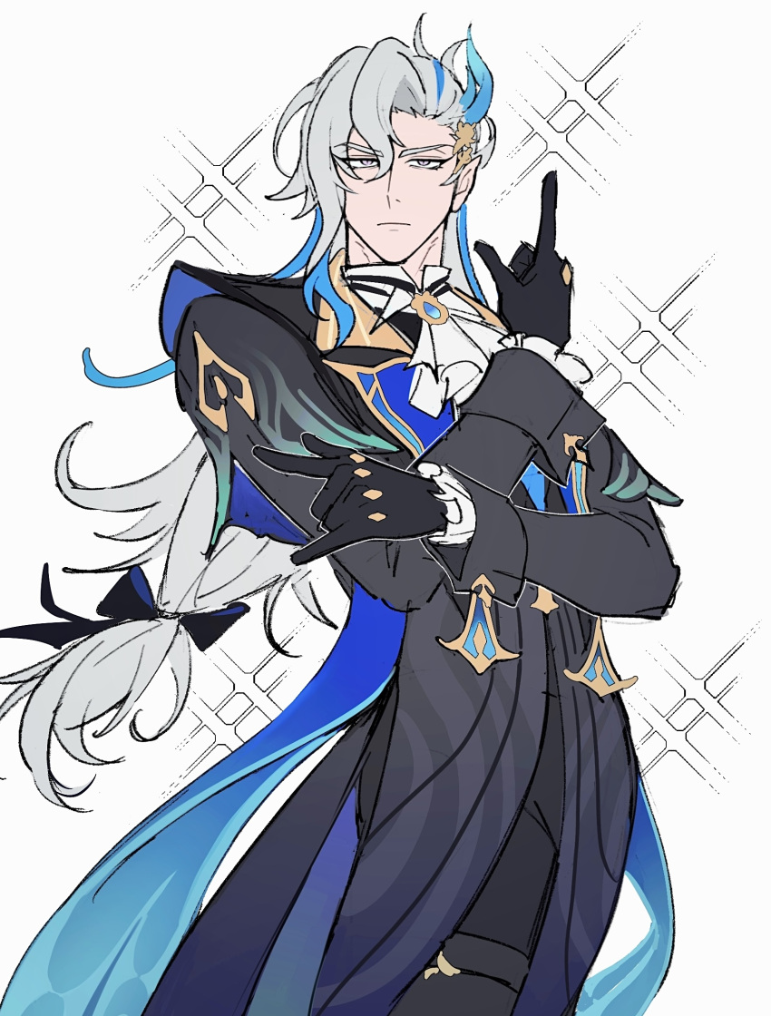 1boy, acupofbread, ascot, asymmetrical_bangs, black_bow, black_gloves, blue_coat, blue_gemstone, blue_hair, bow, brooch, closed_mouth, coat, commentary, cowboy_shot, english_commentary, frilled_sleeves, frills, gem, genshin_impact, gloves, gold_trim, grey_hair, hair_between_eyes, hair_bow, hair_ornament, hand_up, highres, jewelry, jojo_no_kimyou_na_bouken, kakyoin_noriaki's_pose_(jojo), lapels, long_hair, long_sleeves, looking_at_viewer, low-tied_long_hair, male_focus, multicolored_hair, neuvillette_(genshin_impact), parted_bangs, pointy_ears, serious, simple_background, sleeve_cuffs, solo, standing, stardust_crusaders, streaked_hair, v-shaped_eyebrows, very_long_hair, violet_eyes, white_ascot, white_background