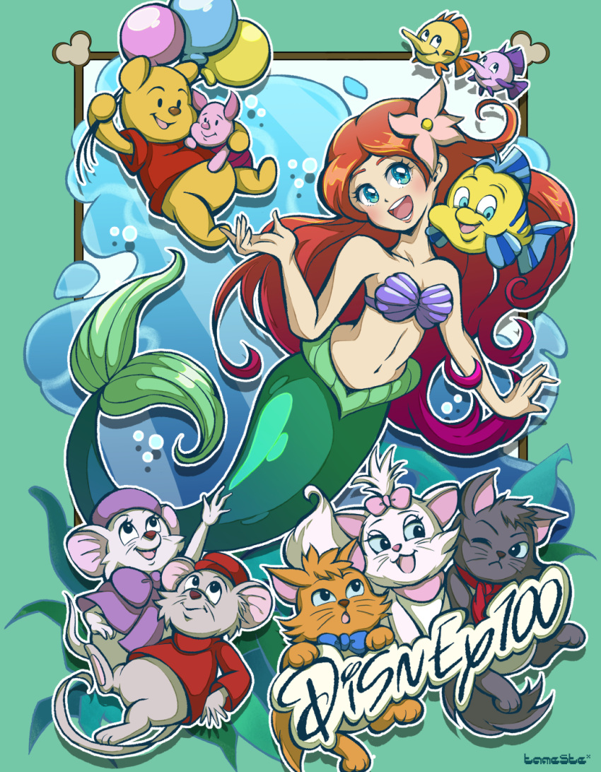 ame_(tameste), anniversary, ariel_(disney), balloon, berlioz_(disney), bernard_(disney), blue_bow, blue_eyes