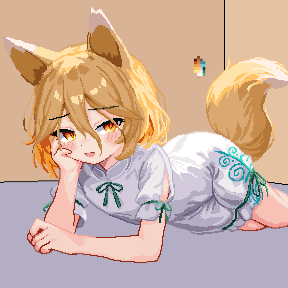 1girl, 999_(hansode), animal_ears, blonde_hair, blush, color_guide, fox_ears, fox_tail