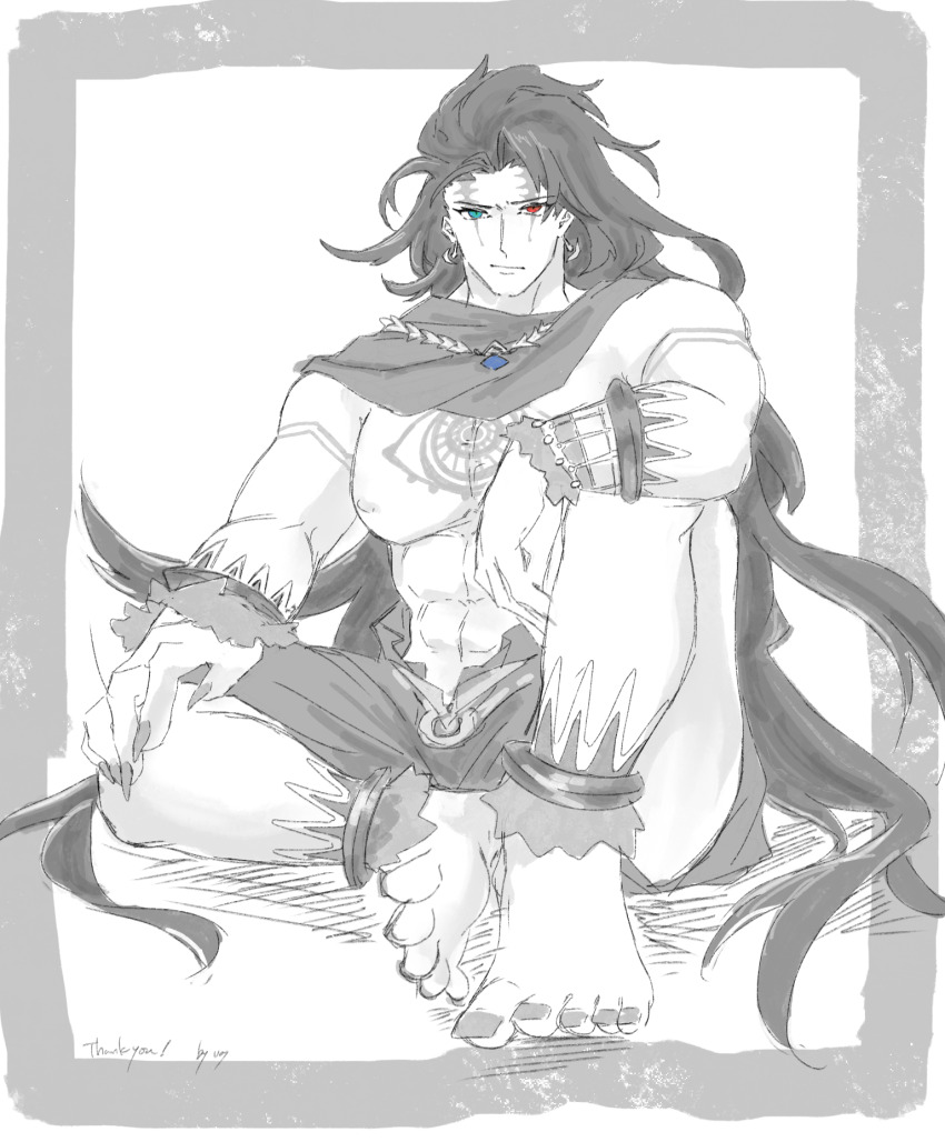 1boy, artist_name, artist_request, bad_id, blue_eyes, body_markings, border, capelet