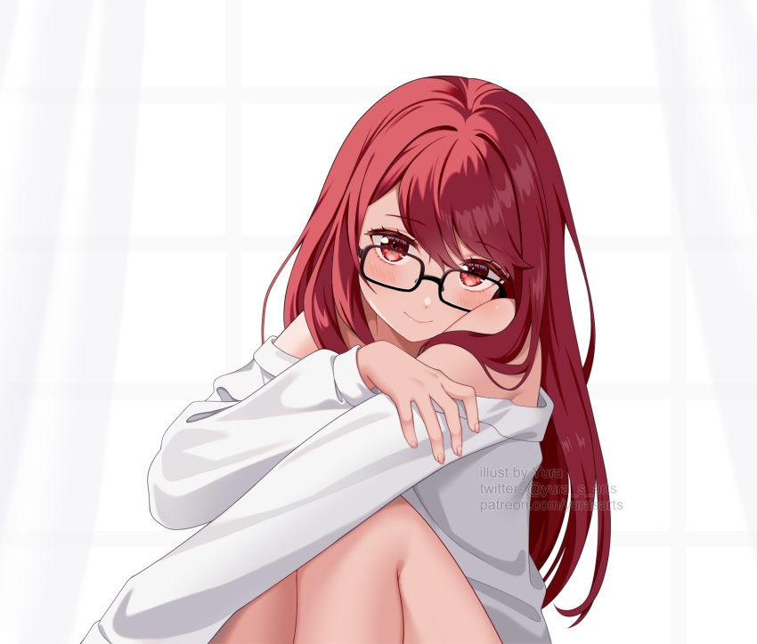 1girl, bare_legs, bare_shoulders, black-framed_eyewear, blush, closed_mouth, curtains, glasses, highres, long_hair, long_sleeves, looking_at_viewer, persona, persona_5, persona_5_the_royal, red_eyes, redhead, shirt, sitting, smile, solo, straight_hair, white_shirt, window, yoshizawa_sumire, yura_s_arts