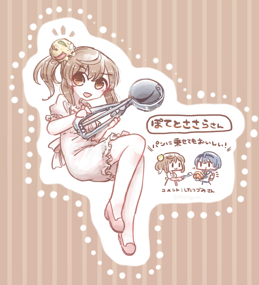 2girls, brown_background, brown_eyes, brown_hair, cevio, chibi, chibi_inset, commentary_request