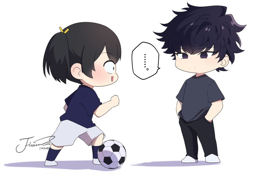 ..., 1boy, 1girl, absurdres, artist_name, ball, black_pants, blue_shirt