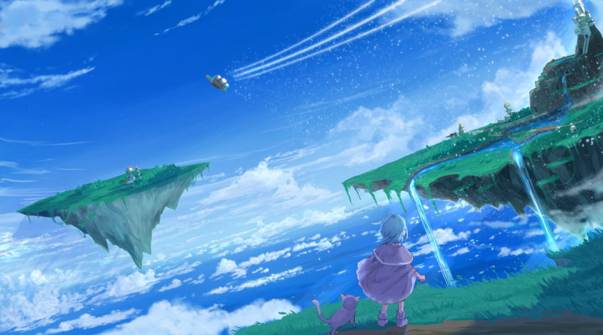 1boy, above_clouds, aircraft, airship, alfador, black_cat, castle, cat