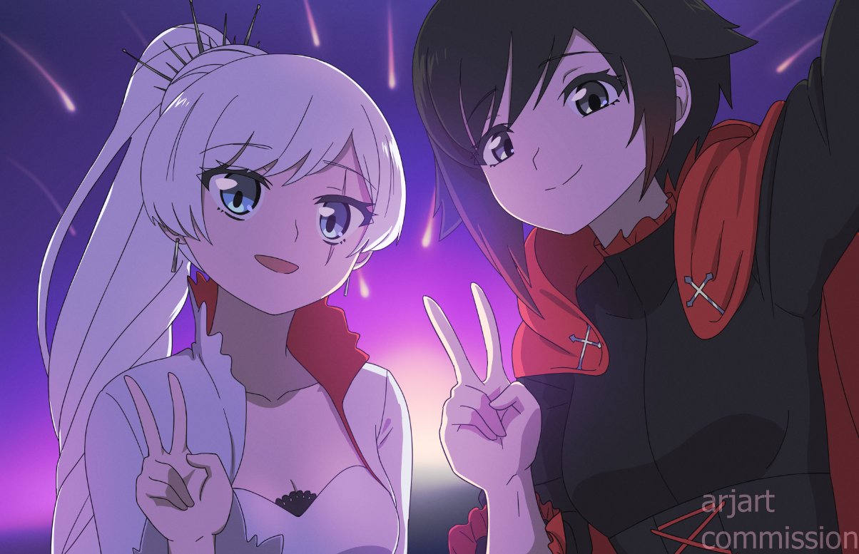 2girls, ar_jart, artist_name, black_dress, black_hair, blue_eyes, cape, closed_mouth