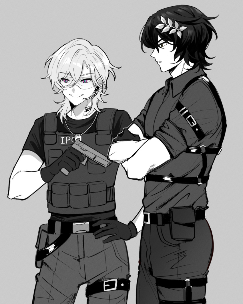 2boys, aventurine_(honkai:_star_rail), belt, crossed_arms, dog_tags, dr._ratio_(honkai:_star_rail), gloves, greyscale