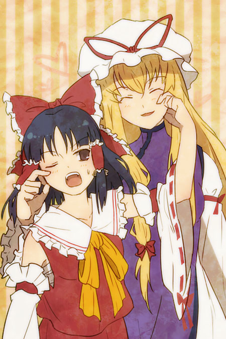 2girls, blonde_hair, bow, cheek_pinching, hair_bow, hakurei_reimu, hat, japanese_clothes
