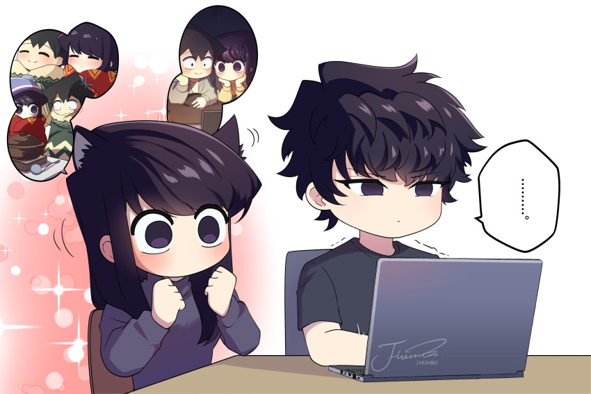 1girl, 2boys, absurdres, animal_ear_fluff, animal_ears, black_hair, brother_and_sister, cat_ears