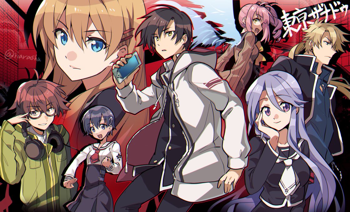 3boys, 4girls, ahoge, artist_name, black_hair, black_jacket, blonde_hair, blue_eyes