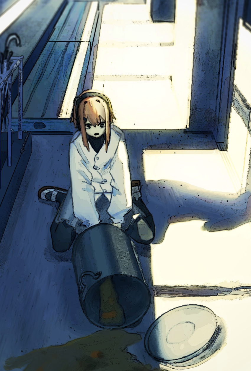 1girl, a.i._voice, adachi_rei, alternate_costume, bags_under_eyes, black_eyes, black_pantyhose, black_shirt