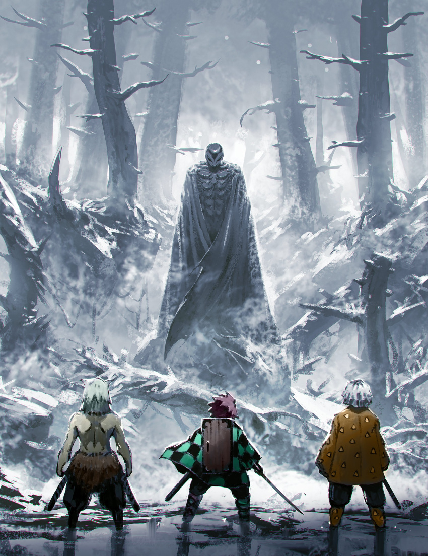 4boys, absurdres, agatsuma_zenitsu, berserk, boar_mask, brown_hair, checkered_clothes, checkered_haori, commentary, crossover, demon, demon_slayer_uniform, demon_wings, divine_being, english_commentary, femto_(berserk), fur_trim, haori, hashibira_inosuke, helmet, highres, holding, holding_sword, holding_weapon, japanese_clothes, kalmahul, kamado_tanjirou, katana, kimetsu_no_yaiba, kimono, mask, medium_hair, multiple_boys, pelt, scabbard, sheath, sword, triangle_print, unsheathed, weapon, white_hair, wings