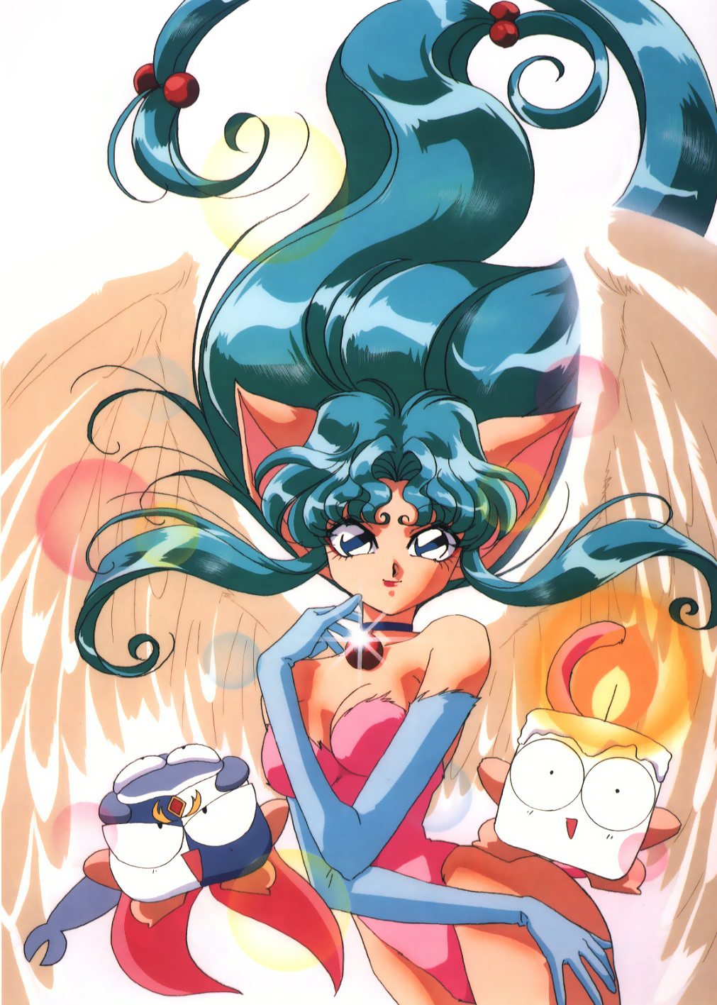 :d, angel_wings, animal_ears, blue_eyes, blue_hair, breasts, candle, cat_ears, cat_tail, choker, cleavage, elbow_gloves, fur, gloves, green_hair, hair_bobbles, hair_ornament, highleg, highres, houma_hunter_lime, leotard, lime_(houma_hunter_lime), lipstick, long_hair, nakajima_atsuko, no_bra, open_mouth, smile, sparkle, standing, tail, very_long_hair, wide_hips, wings