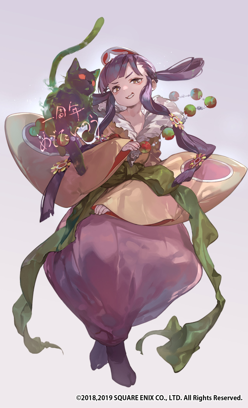 1girl, black_cat, cat, cone_hair_bun, dress, hair_bun, hair_ornament, highres, japanese_clothes, long_hair, looking_at_viewer, official_art, princess_rei, purple_hair, saga, saga_frontier, simple_background, smile, so-taro, solo, square_enix, wide_sleeves