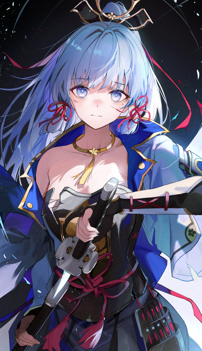 1girl, absurdres, armor, black_armor, blue_eyes, blue_hair, blue_jacket, breastplate