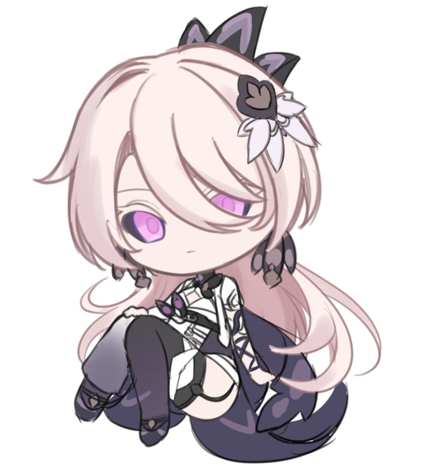 1girl, black_footwear, black_sclera, black_thighhighs, character_request, chibi, closed_mouth, colored_sclera, dress, full_body, hair_over_one_eye, honkai_(series), honkai_impact_3rd, knees_together_feet_apart, light_brown_hair, long_hair, looking_at_viewer, pink_eyes, potato_258, shoes, short_sleeves, simple_background, sketch, solo, thigh-highs, very_long_hair, white_background, white_dress