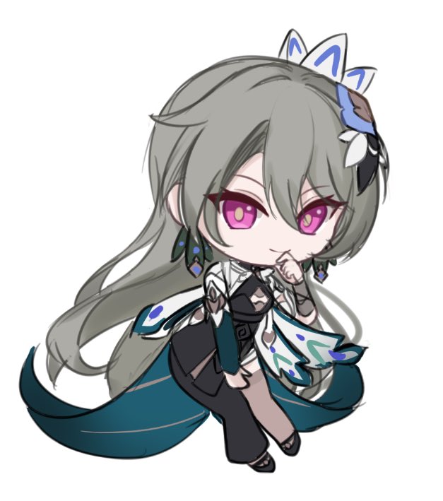 1girl, asymmetrical_clothes, black_dress, black_footwear, black_pants, chibi, closed_mouth, dress, full_body, grey_hair, hair_between_eyes, hand_to_own_mouth, hand_up, honkai_(series), honkai_impact_3rd, long_hair, looking_at_viewer, pants, potato_258, shoes, simple_background, single_pantsleg, smile, solo, very_long_hair, violet_eyes, vita_(honkai_impact), white_background