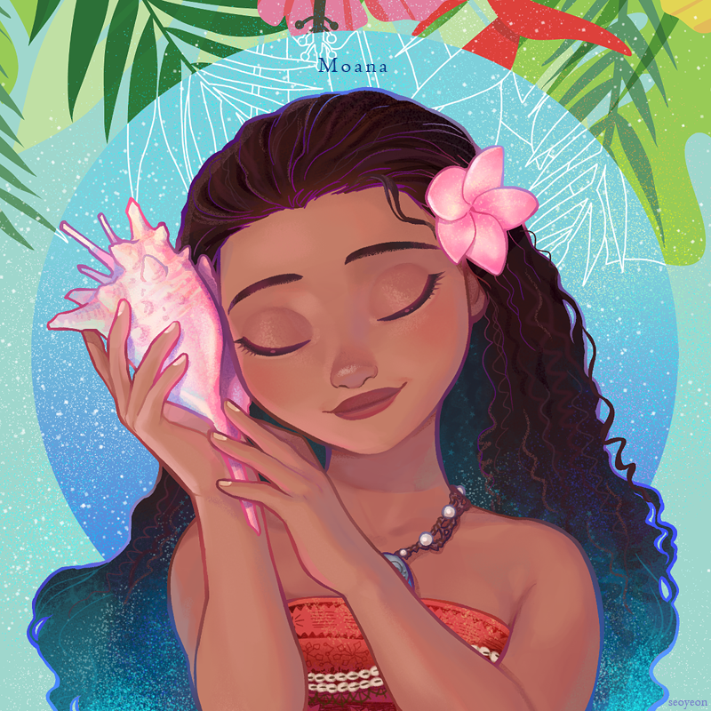 1girl, bare_shoulders, black_hair, character_name, closed_eyes, conch, curly_hair, dark-skinned_female