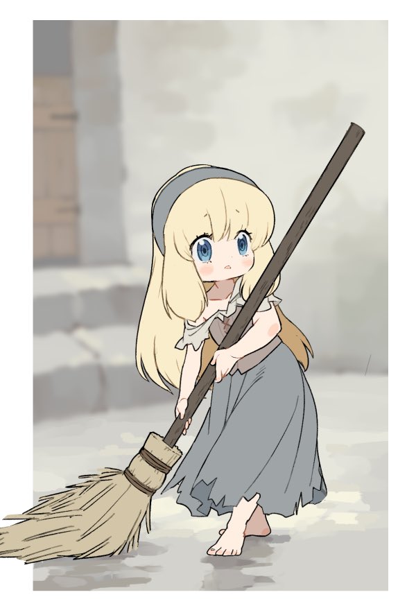 1girl, barefoot, blonde_hair, blue_eyes, blush, border, broom, child