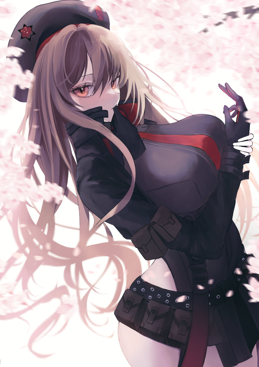 1girl, absurdres, arm_pouch, bandolier, belt_pouch, beret, black_gloves, black_towel, brown_eyes, brown_hair, cherry_blossoms, collared_leotard, cropped_jacket, gloves, goddess_of_victory:_nikke, hamuhanama, hat, highres, military_hat, necktie, petals, pouch, rapi_(nikke), red_necktie, solo, two-tone_gloves