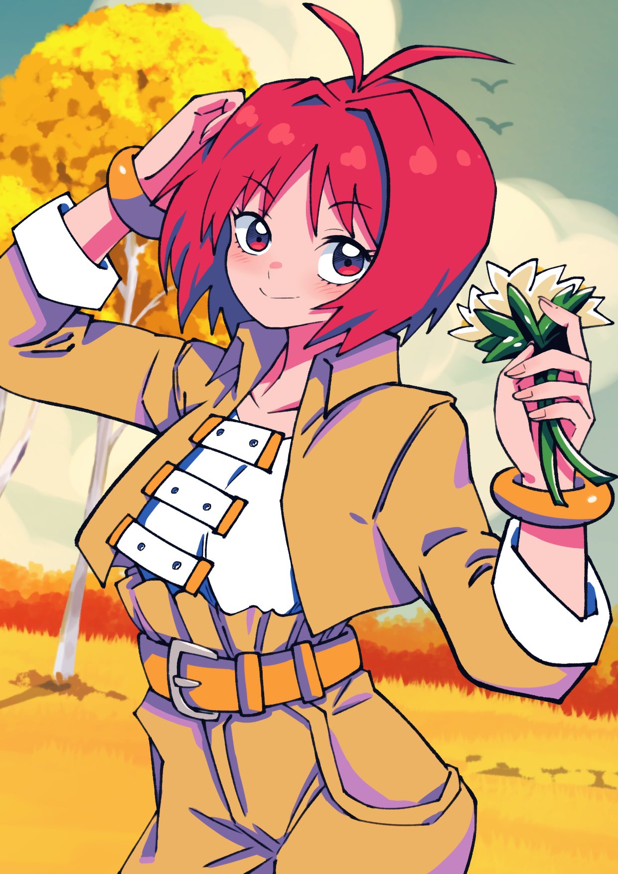 1girl, antenna_hair, armony_eiselstein, batchgooya, belt, bird, closed_mouth, collarbone
