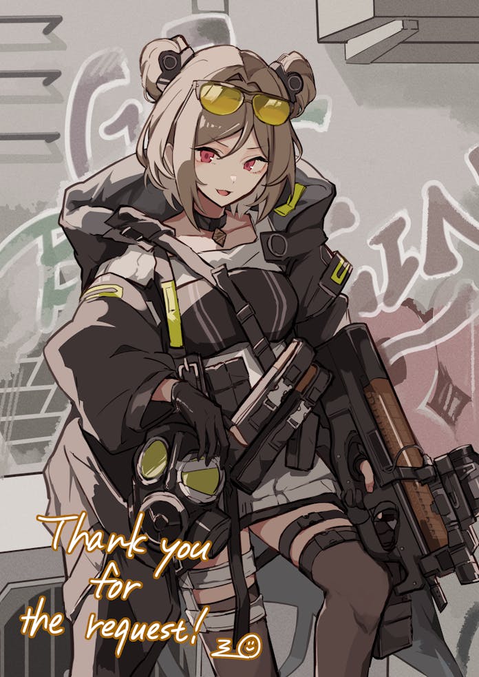 1girl, ammunition_pouch, black_choker, black_gloves, black_jacket, black_thighhighs, brown_hair, bullpup
