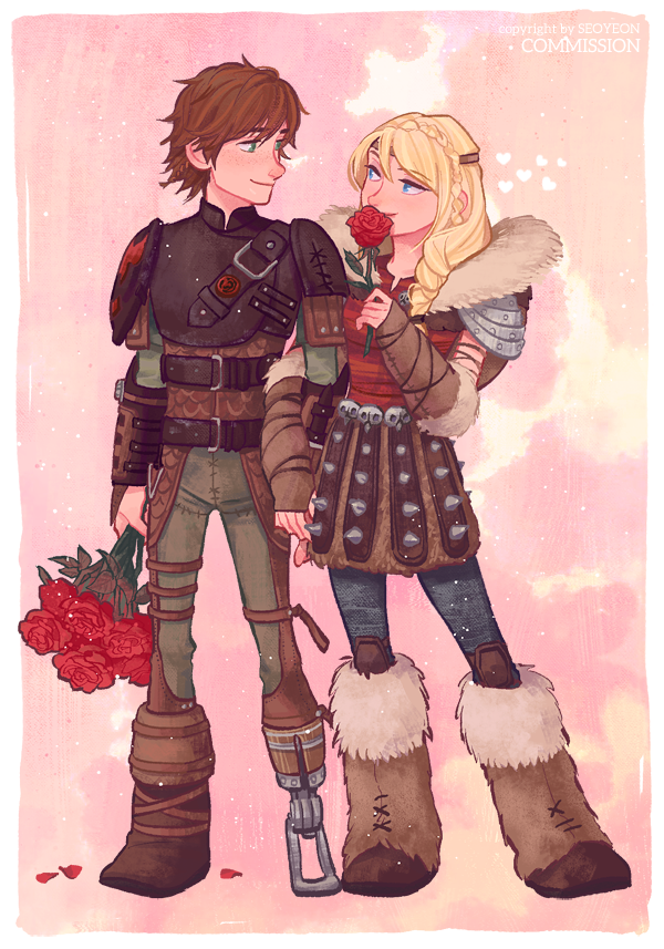 1boy, 1girl, armor, artist_name, astrid_hofferson, blonde_hair, blue_eyes, blue_pants