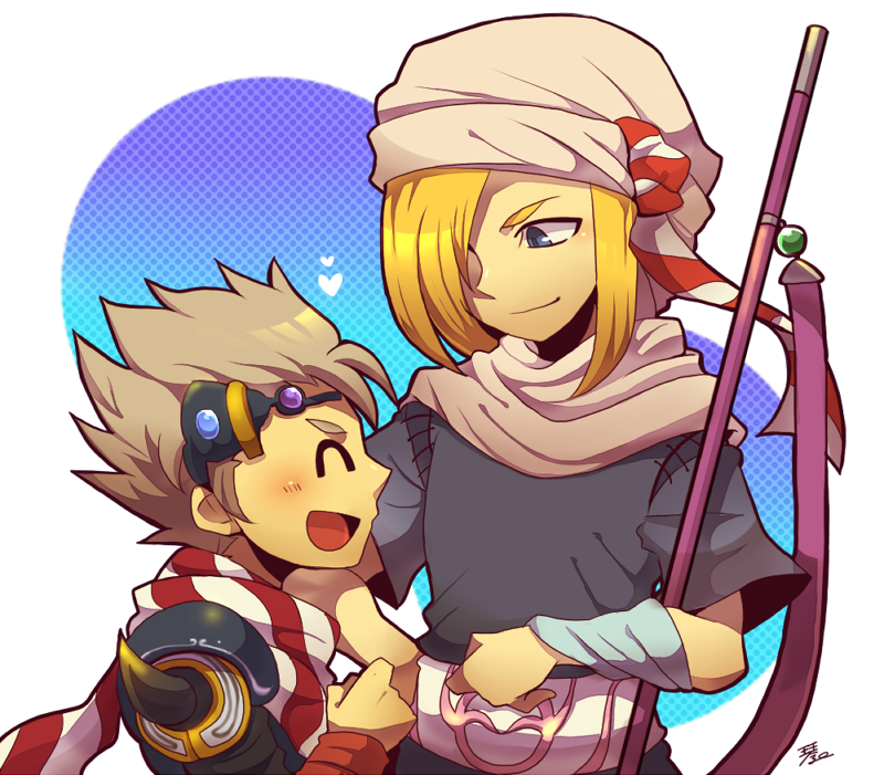 2boys, ^_^, blonde_hair, blue_eyes, blue_wristband, blush, ceodore_harvey, closed_eyes