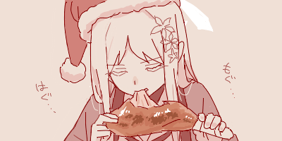 1girl, blue_archive, chicken_leg, closed_eyes, eating, facing_viewer, flower, food, hair_flower, hair_ornament, halo, hands_up, haori, hat, holding, holding_food, japanese_clothes, long_hair, lowres, maibotsumou, monochrome, nagusa_(blue_archive), oekaki, red_theme, santa_hat, school_uniform, serafuku, simple_background, solo, thick_eyelashes, upper_body
