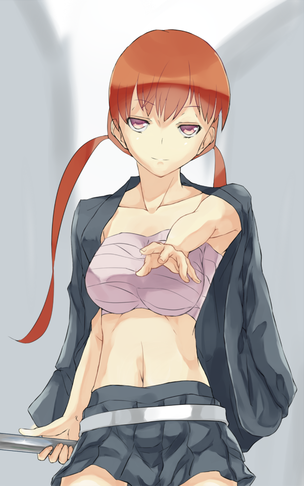 bandages, belt, breasts, jacket_on_shoulders, musujime_awaki, red_eyes, redhead, school_uniform