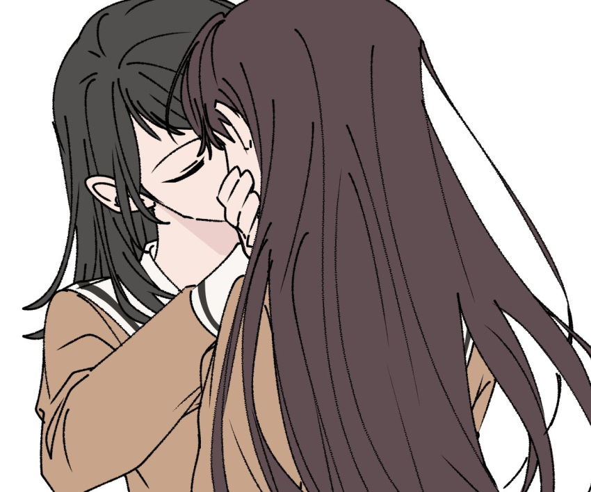 2girls, a_jak, bang_dream!, bang_dream!_it's_mygo!!!!!, brown_dress, brown_hair, closed_eyes, commentary_request, dress, hanasakigawa_school_uniform, hand_on_another's_face, kiss, korean_commentary, long_hair, long_sleeves, multiple_girls, sailor_collar, school_uniform, shiina_taki, simple_background, upper_body, white_background, white_sailor_collar, yahata_umiri, yuri