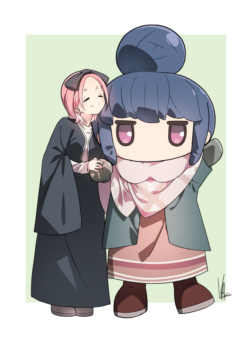 2girls, blue_hair, dress, hair_bun, hair_ribbon, hanamori_yumiri, highres, jacket