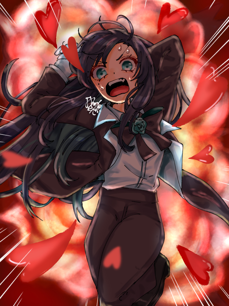 1girl, ado_(utaite), black_bow, black_bowtie, black_footwear, black_hair, black_pants, blue_coat