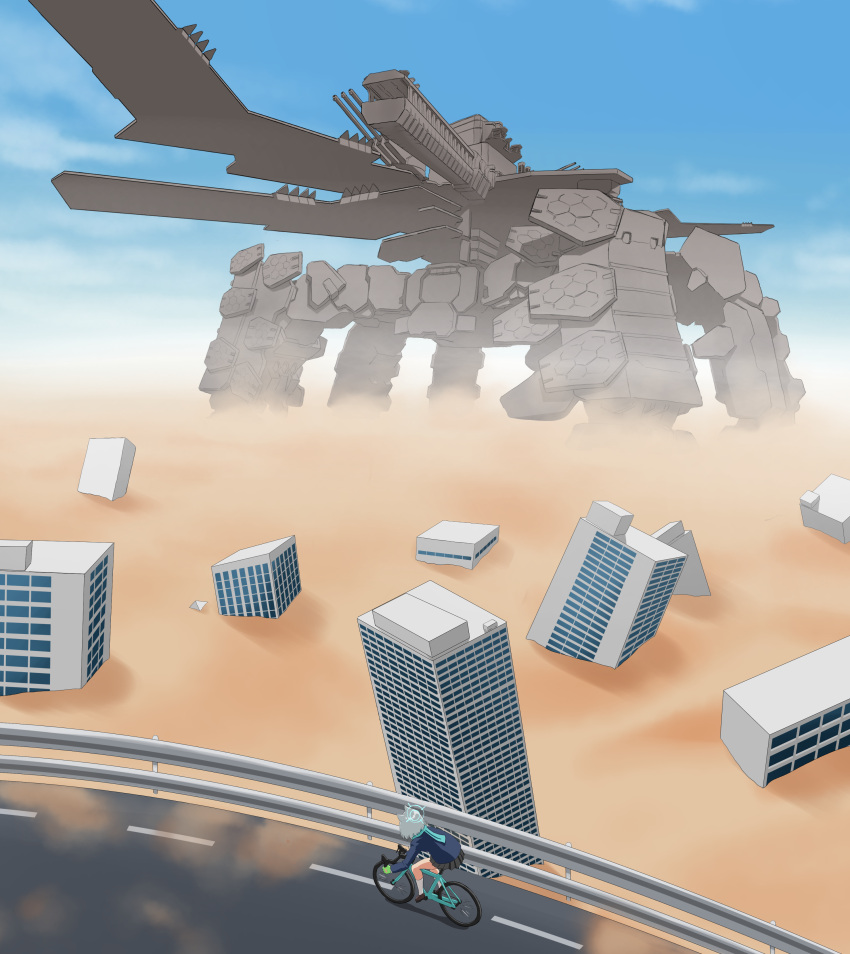 1girl, absurdres, armored_core, armored_core:_for_answer, artist_request, bicycle, blue_archive, blue_sky