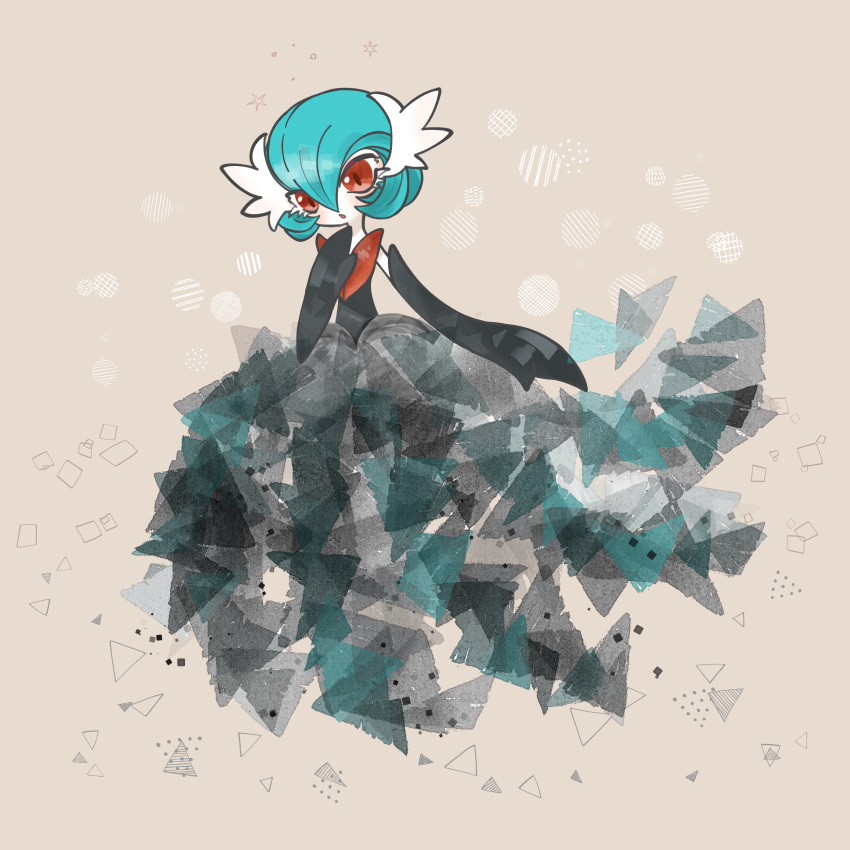 1girl, abstract, absurdres, alternate_color, arm_at_side, black_dress, black_gloves, blue_hair
