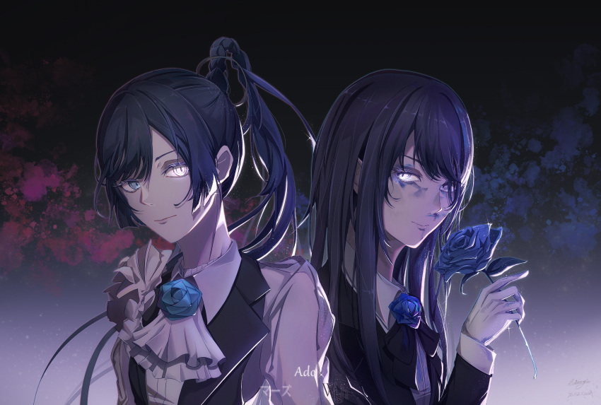 1girl, absurdres, ado_(utaite), ascot, back-to-back, black_bow, black_bowtie, black_hair, blue_flower, blue_hair, blue_rose, bow, bowtie, braid, braided_ponytail, chando_(ado), character_name, closed_mouth, cloud_nine_inc, collared_shirt, dark_blue_hair, dated, english_commentary, flower, formal, gloves, glowing, glowing_eye, hair_over_one_eye, hand_up, high_ponytail, highres, holding, holding_flower, long_hair, long_sleeves, looking_at_viewer, mars_(ado), multiple_views, ponytail, rose, shirt, signature, sparkle, split_theme, upper_body, very_long_hair, white_ascot, white_gloves, white_shirt, wish_(ado), zing_(zingart)
