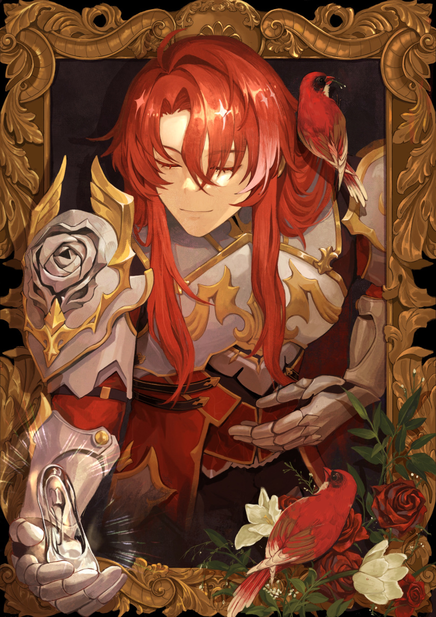 1boy, absurdres, animal_on_shoulder, argenti_(honkai:_star_rail), armor, bird, bird_on_shoulder, bowing