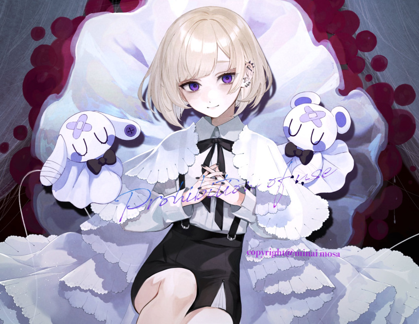 1boy, androgynous, artist_name, black_nails, black_ribbon, black_shorts, blonde_hair, closed_mouth