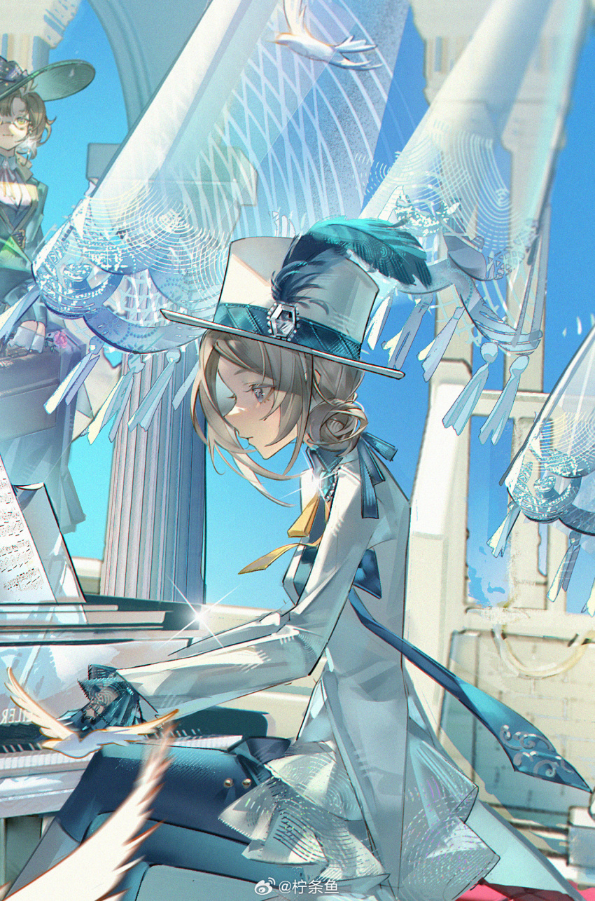 2girls, arch, bird, blue_feathers, blue_pants, blue_sky, boots, brown_hair