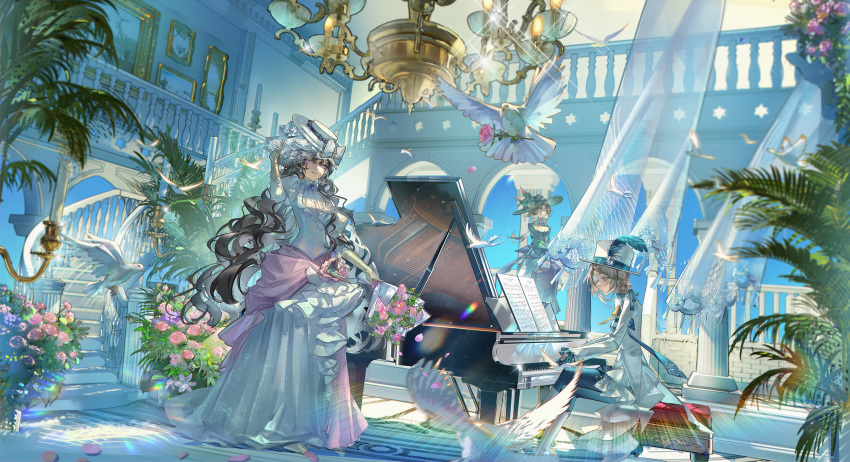 3girls, adjusting_clothes, adjusting_headwear, arch, bird, black_hair, blue_feathers, blue_pants