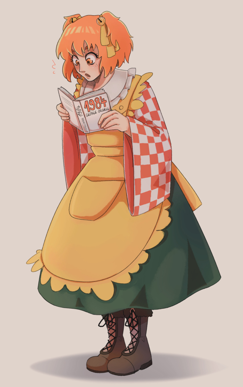 1984_(novel), 1girl, apron, bell, book, boots, brown_footwear, checkered_clothes