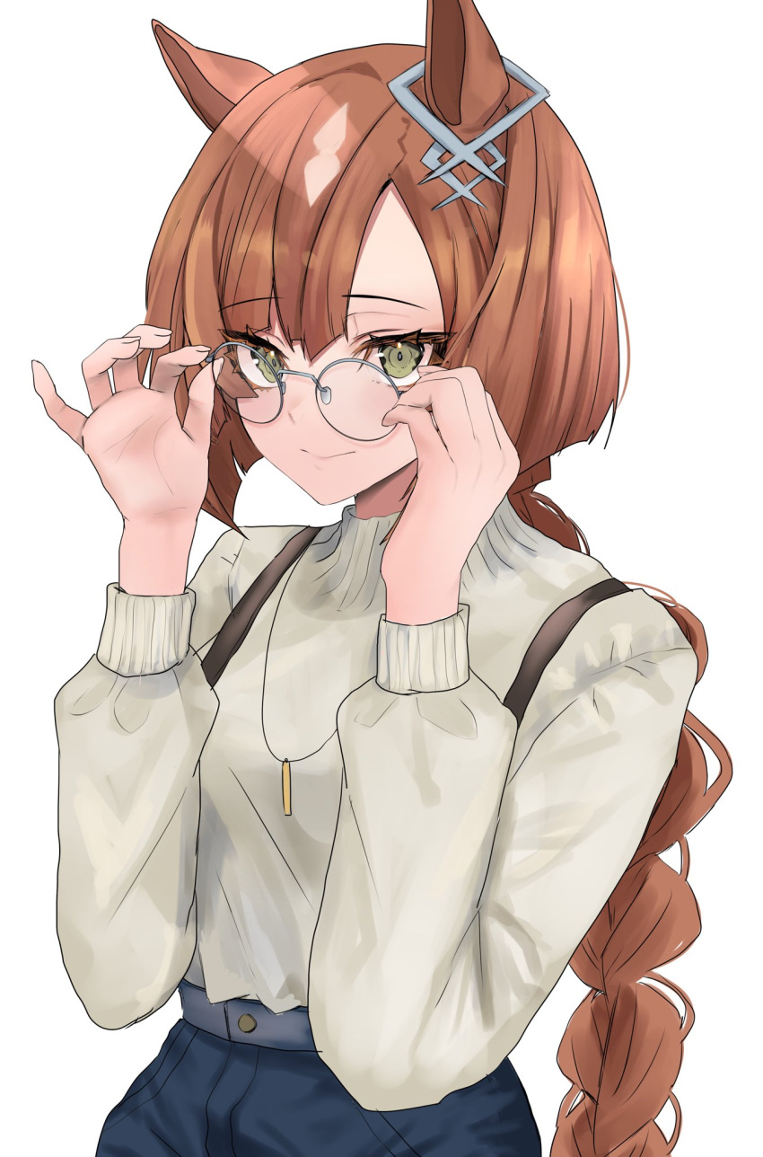 1girl, :>, animal_ears, braid, braided_ponytail, brown_hair, casual, commentary