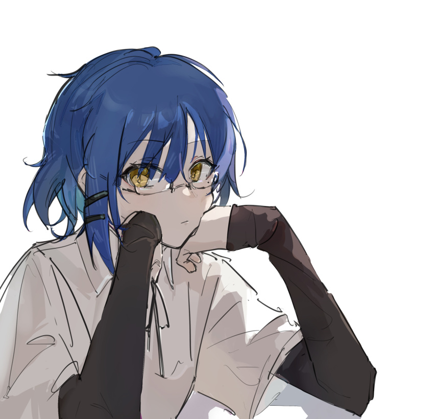 1girl, absurdres, asymmetrical_hair, black_hairclip, black_sleeves, blue_hair, bocchi_the_rock!, glasses